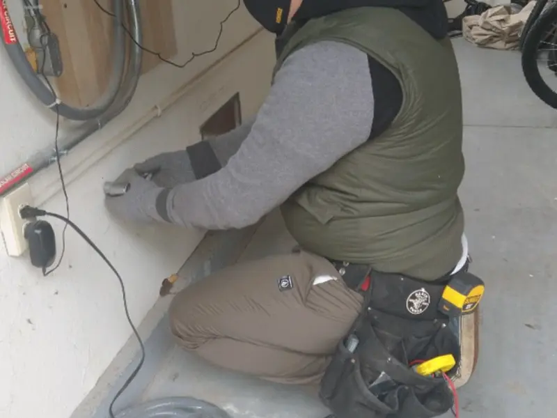 Electrician performing outlet wiring in a Boonville garage